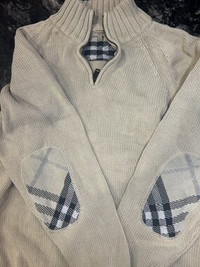 Burberry Men’s Cream Zip-Neck Knit Sweater with Plaid Elbow Patches